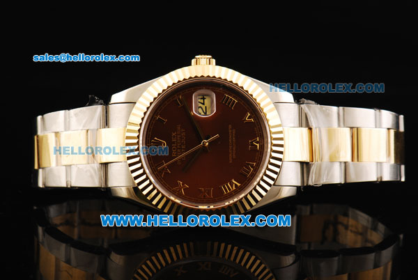 Rolex Datejust II Oyster Perpetual Automatic Movement Brown Dial with Gold Roman Numerals and Gold Bezel-Two Tone Strap - Click Image to Close